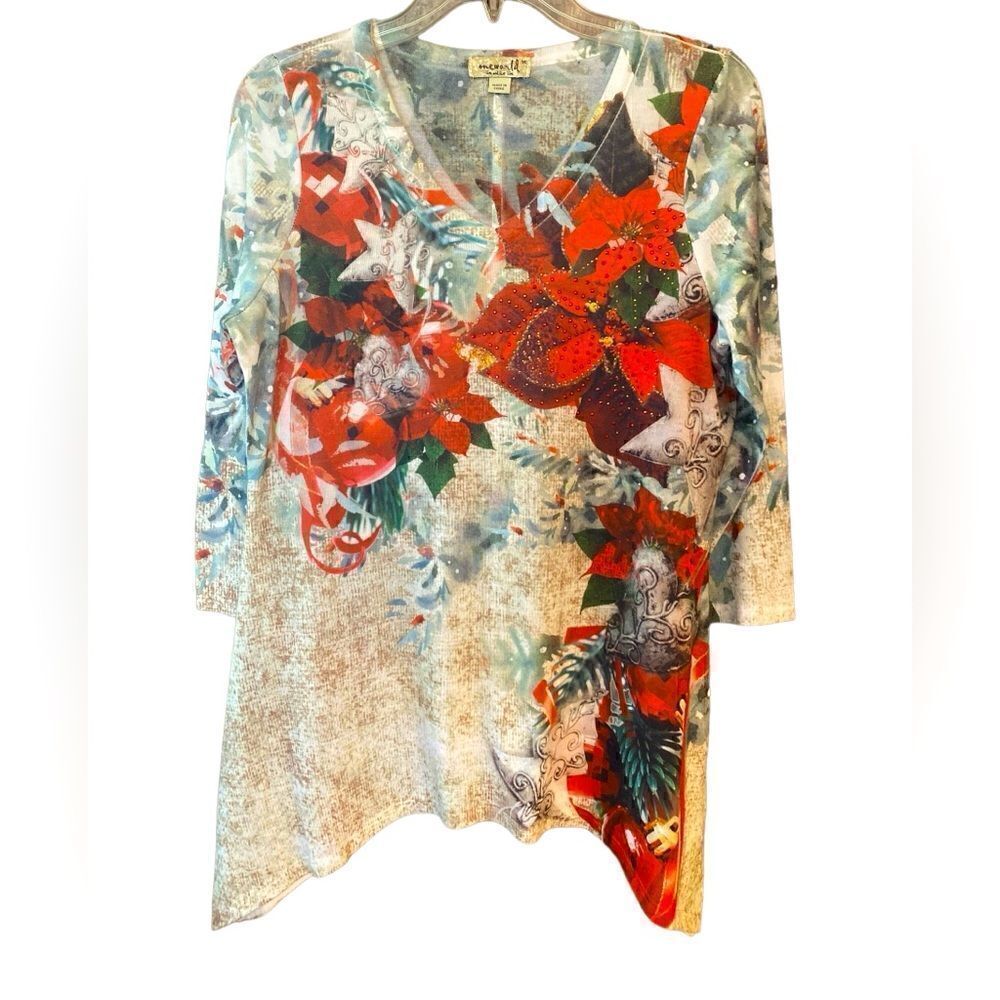 One World Sz M Christmas Holiday Red Poinsettias Rhinestones V-Neck Top